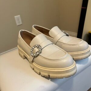 crown & ivy Cream Loafers with Rhinestone Buckle